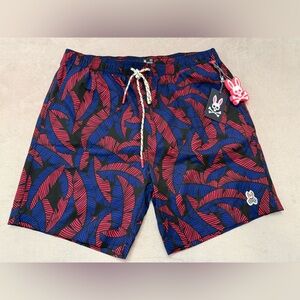 Psycho Bunny Swim Trunks XL Men’s NWT Red Blue Print Board Shorts Lined